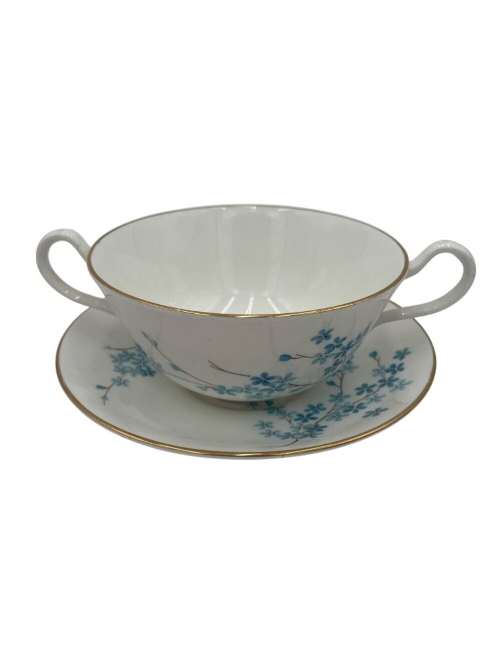 Berkshire English Bone China Blue Floral Double Handle Soup Bowl & Saucer Set
